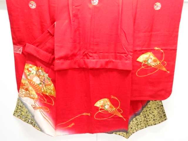 扇面に御所車・草花模様五つ紋子供着物